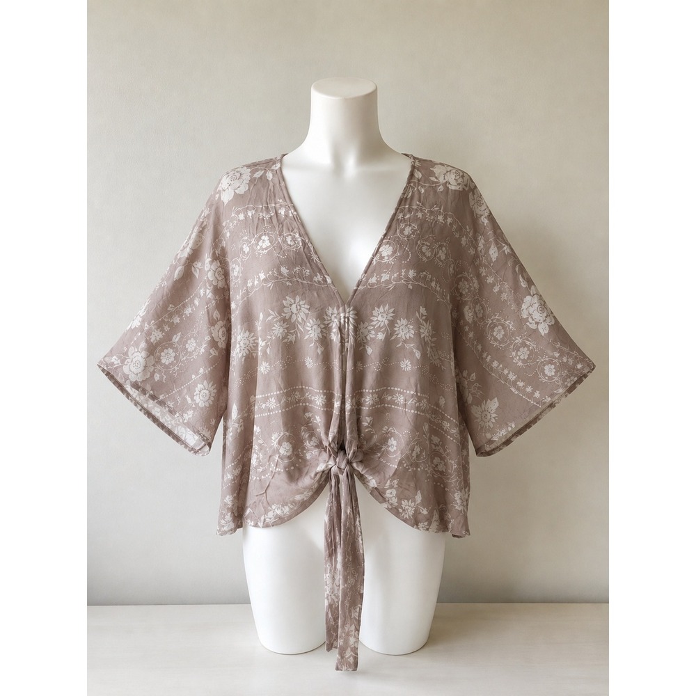 Lovestitch Mauve Floral Tie Front Kimono Sleeve V-Neck Rayon Top Medium